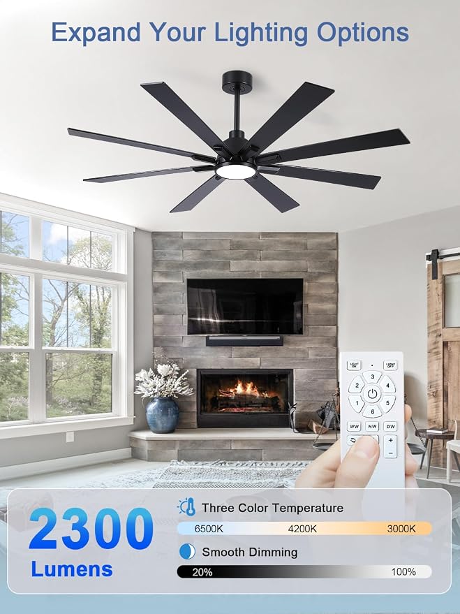 62 Inch Ceiling Fans with Lights and Remote, Pure Copper DC Motor Black Large Indoor/Outdoor Modern Industrial Ceiling Fan, Quiet, 6 Speed, 3CCT, for Patios Living Room Farmhouse Garage