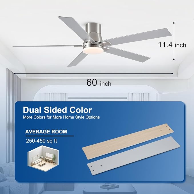 60 Inch Flush Mount Brushed Nickel Ceiling Fans with Lights and Remote | 6 Speed Reversible DC motor,3-color temperature dimmable LED.For indoor/covered outdoor.Modern style for bedroom room