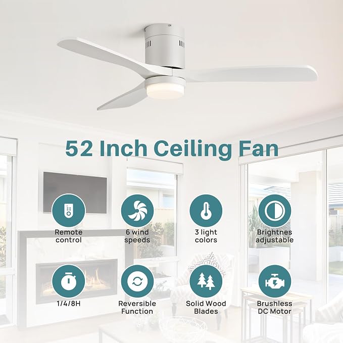 Sofucor 52 Inch Smart White Ceiling Fans with Lights-Flush Mount Low Profile Modern Outdoor Solid Wood Ceiling Fans with Alexa/Google Assistant/APP/Remote Control for Bedroom/Living Room/Office/Patio