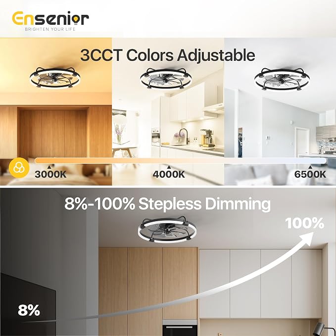 Ensenior Ceiling Fans with Lights and Remote, 24" Low Profile Ceiling Fan Flush Mount, APP Control, 6 Speed, 3CCT, Quiet Reversible DC Motor, Dimmable Modern Ceiling Fan with Light for Bedroom, Black