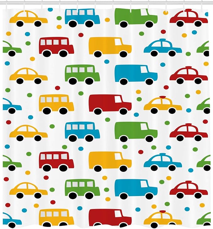 Ambesonne Cars Shower Curtain, Vivid Colored Silhouettes of Transportation Vehicles Bus Taxi Automobile Pattern, Cloth Fabric Bathroom Decor Set with Hooks, 69" W x 84" L, Orange Green Blue