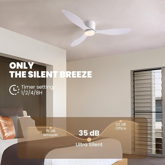 LUDOMIDE Ceiling Fans with Lights,52 Inch Low Profile Ceiling Fan with Wall Control and Remote Control,Dimmable,Flush Mount Ceiling Fan with Noiseless DC Reversible Motor for Bedroom Indoor Use
