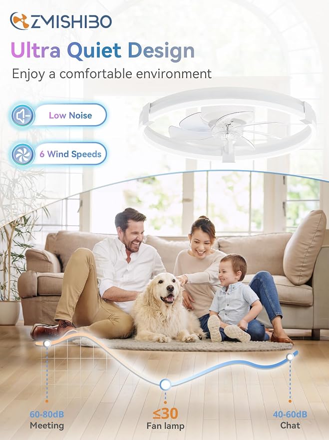 ZMISHIBO RGB Ceiling Fans with Lights and Remote, 20 inch Low Profile Ceiling Fan with Light, 3000K-6000K Dimmable & RGB, Modern Fandelier Flush Mount Ceiling Fan, Small LED Fan for Bedroom
