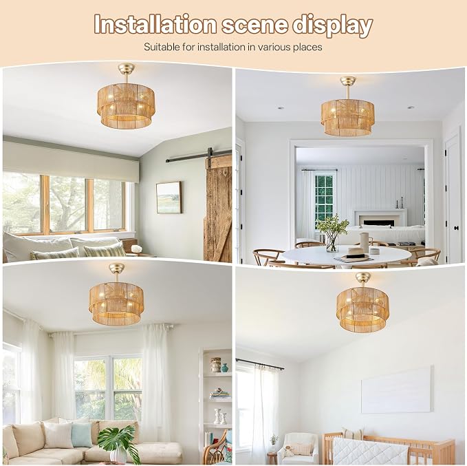 20" Caged Boho Ceiling Fans with Lights, Rattan Fandelier Chandelier Ceiling Fan with Light Remote Control with 6 Speeds for Bedroom, Nursery