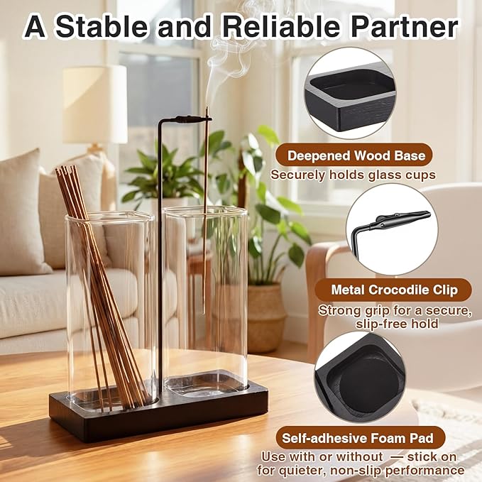 Zhehao 4 Pcs 2 in 1 Incense Holder for Sticks with Glass Ash Catcher Kit, Includes 1 Upside Down Anti-ash Flying Incense Burner 1 Ash Brush and 2 Mats for Meditation, Yoga, Spa, Home Decor
