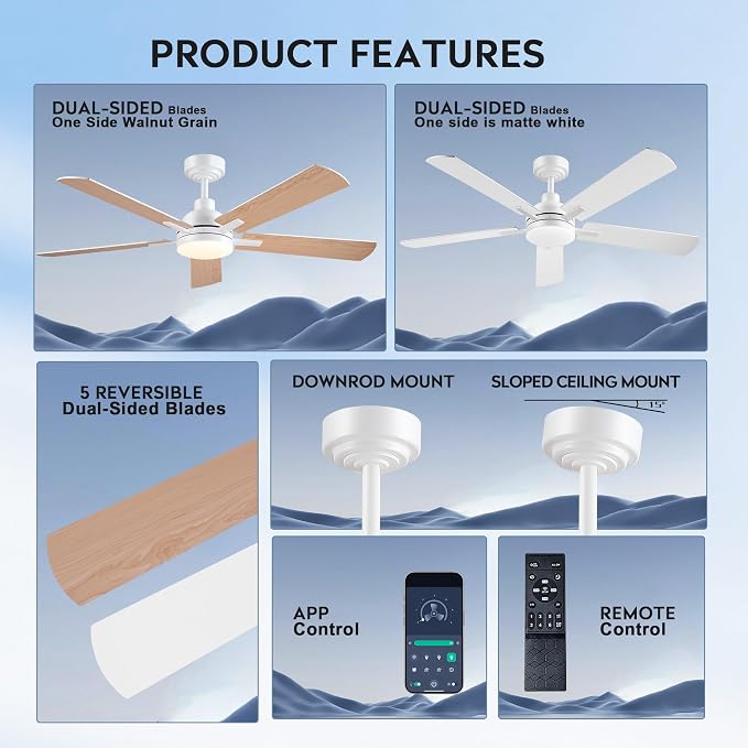JSAITEE 52 Inch Smart Ceiling Fan with Lights, Remote & App Control, DC Reversible Motor, 6 Speeds Quiet 35dB, 3CCT Dimmable LED, Low Profile Modern Ceiling Fans for Bedroom Living Room, White