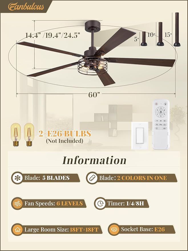 Fanbulous 1 Pack Farmhouse 60 Inch Ceiling Fans with Lights, Industrial Caged Ceiling Fans for Bedroom Living Room, Double-Sided 5 Blades Rustic Ceiling Fan-Oil Bronze