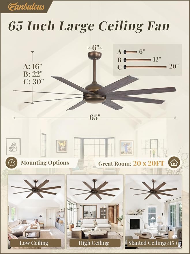 Fanbulous 65 Inch Ceiling Fans No Light with Remote, Bronze Indoor/Outdoor Ceiling Fan Without Light with Quiet Reversible DC Motor, 6 Speeds, 8 Blades Large Ceiling Fan for Living Room Bedroom Patio