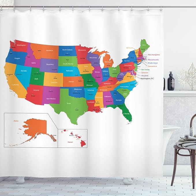 Ambesonne Colorful Shower Curtain, Design Borders with States and Cities United States of America US Map Print, Cloth Fabric Bathroom Decor Set with Hooks, 69" W x 70" L, Multicolor