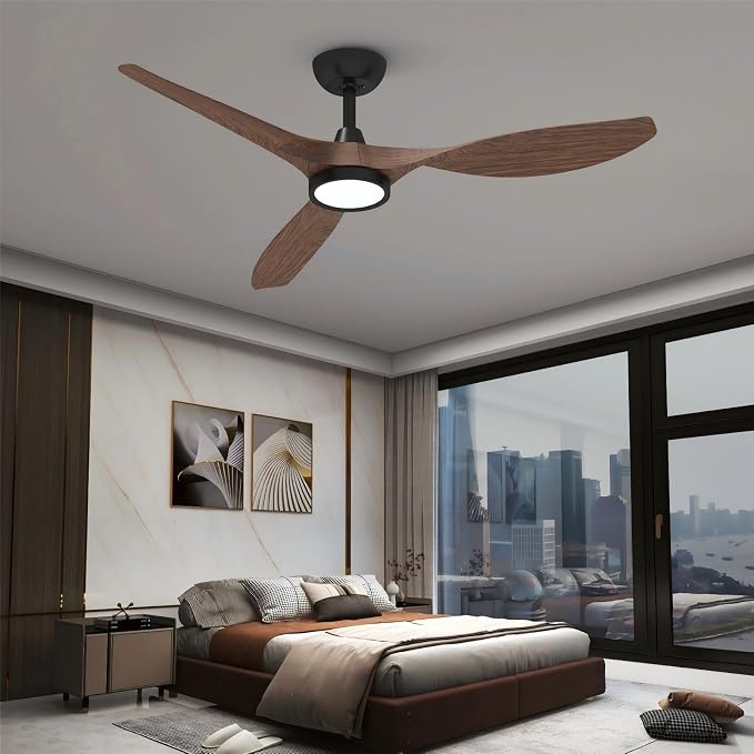 Roomratv Ceiling Fans with Lights and Remote Control,Quiet Noiseless Reversible DC Motor,6 Speeds,Timers, 3 CCT, Indoor Use, Plastic Blades,52 Inch Black Wood Grain Modern Ceiling Fan for Living Room