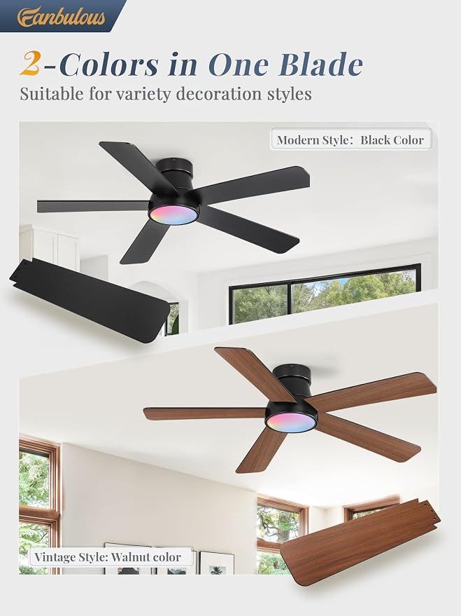 48 Inch Ceiling Fans with Lights and Remote,Outdoor Indoor Modern Flush Mount Ceiling Fan with 3CCT 6-Speed Quiet DC Motor,Small Low Profile Ceiling Fan for Bedroom Living Room Office（Black RGB)