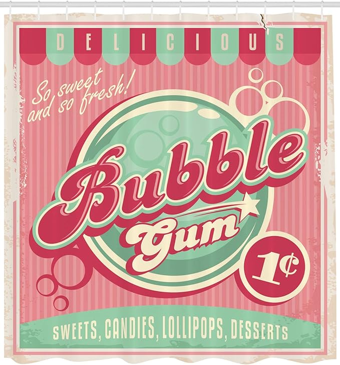 Ambesonne 1950s Shower Curtain, Bubble Gum Tasty Candy Lollipop Sugar Advertise Poster Style Print, Cloth Fabric Bathroom Decor Set with Hooks, 69" W x 70" L, Pink Magenta