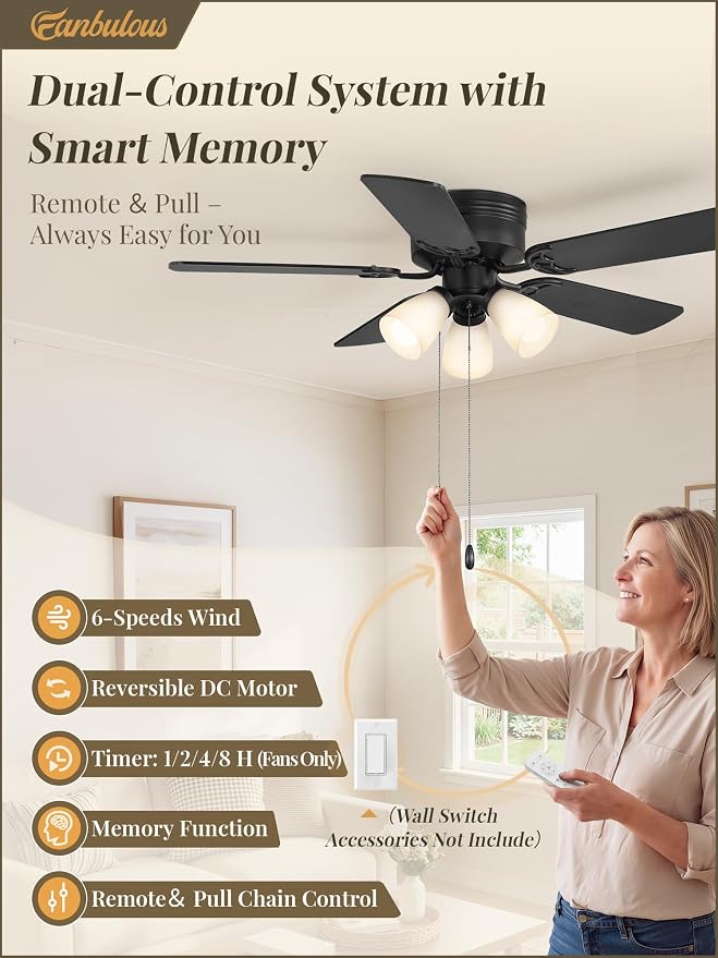 Fanbulous 44" Farmhouse Ceiling Fan with 3 Lights, Shatterproof PP Shades | DC Quiet Motor, 6-Speed Timer, Remote & Pull Chain Control, Low Profile Flush Mount for Bedroom, Living Room, Kitchen, Black
