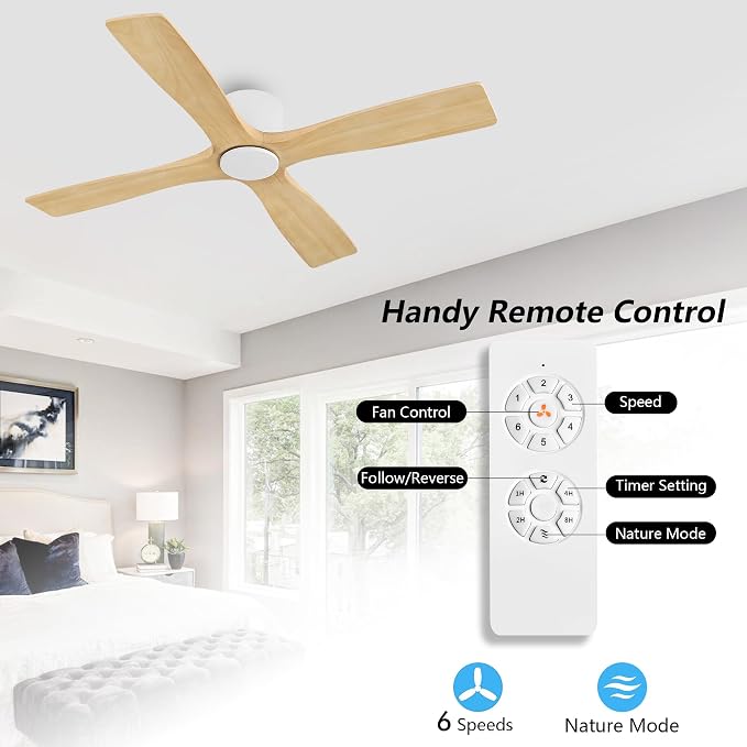 WINGBO 48 Inch Flush Mount DC Ceiling Fan without Lights, 4 Reversible Carved Wood Blades, 6-Speed Noiseless DC Motor, Hugger Ceiling Fan No Lights in White Finish with Oak Blades, ETL Listed