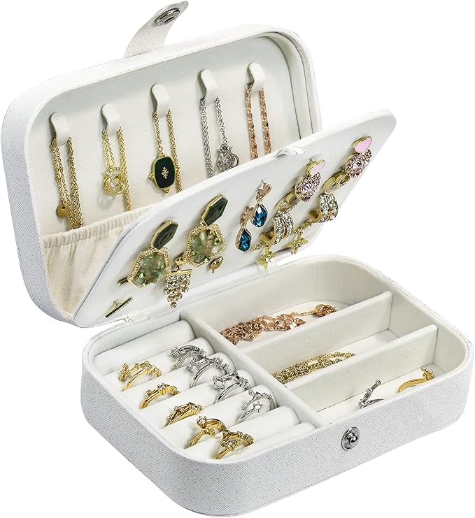 Hatori Travel Jewelry Box, PU Leather Small Jewelry Organizer for Women Girls, Double Layer Portable Mini Travel Case Display Storage Holder Boxes for Stud Earrings, Rings (Glitter White)