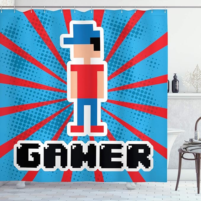 Ambesonne Video Games Shower Curtain, Red Striped Boom Beams Retro 90's Boy Cap Geometric Arrangement, Cloth Fabric Bathroom Decor Set with Hooks, 69" W x 84" L, Vermilion White