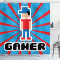 Ambesonne Video Games Shower Curtain, Red Striped Boom Beams Retro 90's Boy Cap Geometric Arrangement, Cloth Fabric Bathroom Decor Set with Hooks, 69" W x 84" L, Vermilion White