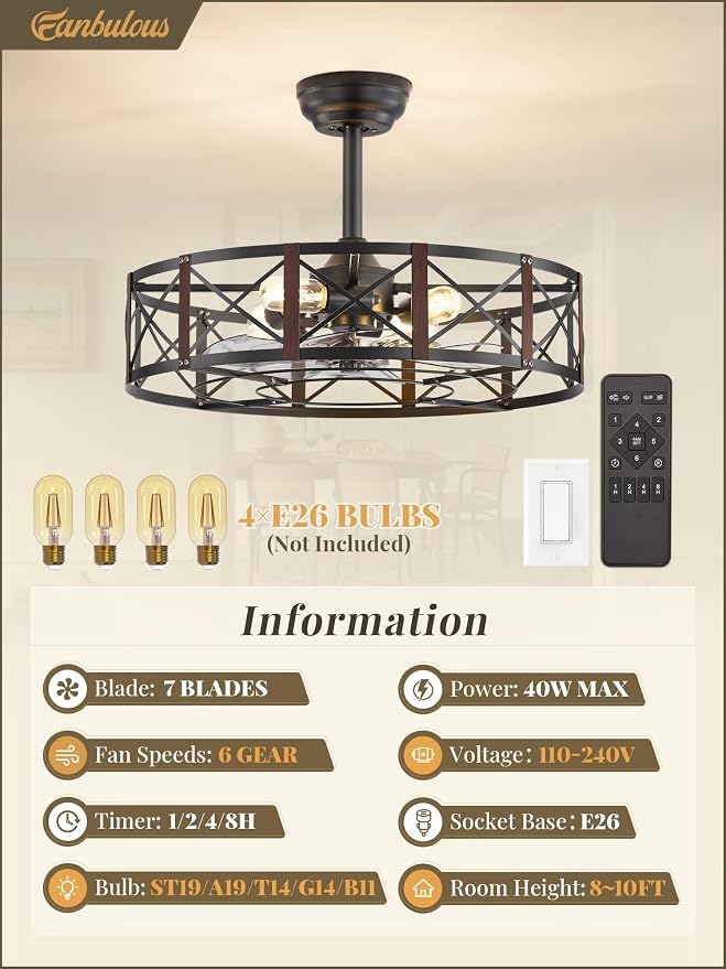 Fanbulous 23 Inch Fandelier Caged Ceiling Fans with Lights and Remote, Black Bladeless Ceiling Fan with 6 Speeds and Timing, Farmhouse Samll Fan Lights Ceiling Fixtures For Kitchen, Bedroom-Walnut