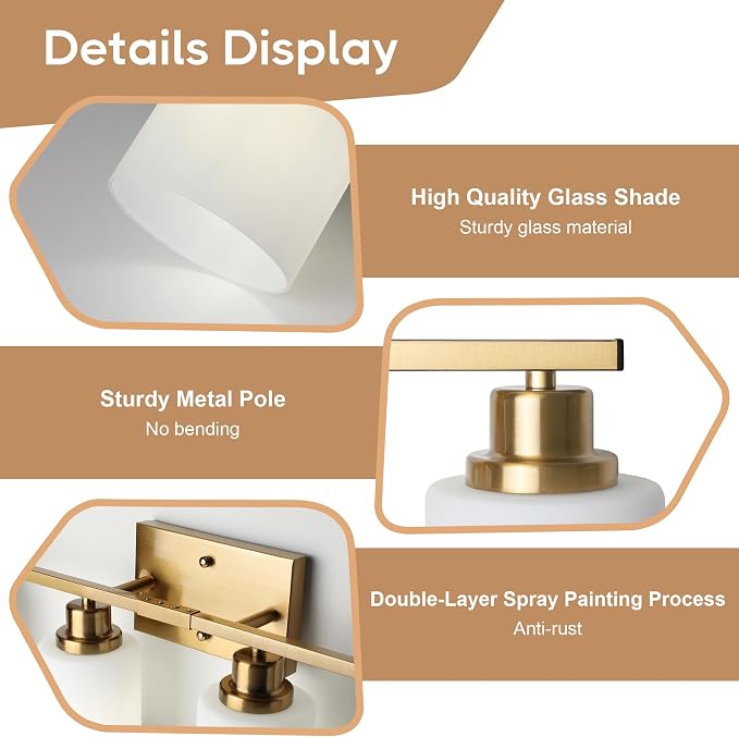 Ascher Bathroom Light Fixtures, 4-Light Vanity Light Over Mirror, Gold Wall Sconces with Milky White Frosted Glass Shades, Wall Lamp for Living Room Bedroom, E26 Base(Bulbs Not Included)