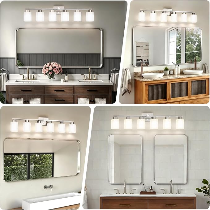 FonmYim Brushed Nickel Bathroom Light Fixtures, 6-Light Modern Vanity Light Over Mirror, Wall Sconces with Milky White Frosted Glass Shades, E26 Socket (Bulbs Not Included)