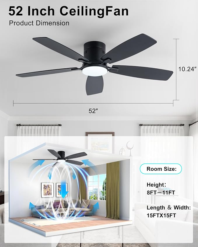 Coolwind 52 Inch Black Flush Mount Ceiling Fan with Light, Display Remote/APP Control, Quiet Low Profile Ceiling Fan with Light, 8 Speeds, Dimmable, Timer, DC Reversible Motor for Bedroom, Living Room