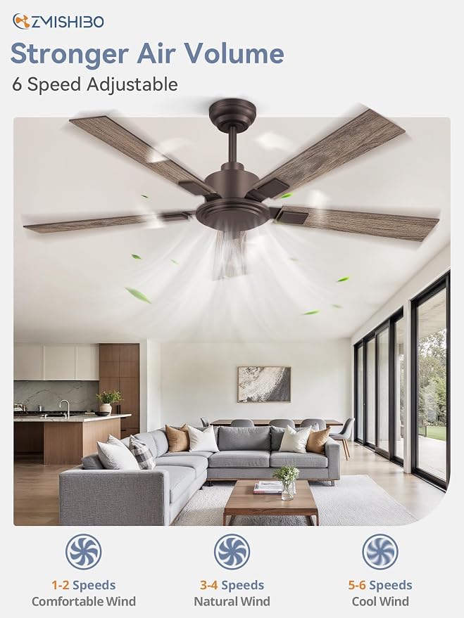 ZMISHIBO 52 Inch Ceiling Fan No Light with Remote Modern Bronze Ceiling Fan with Quiet Reversible DC Motor, 6-Speeds 5 Blades, Indoor/Outdoor Ceiling Fans Without Light for Patio, Living Room, Garage