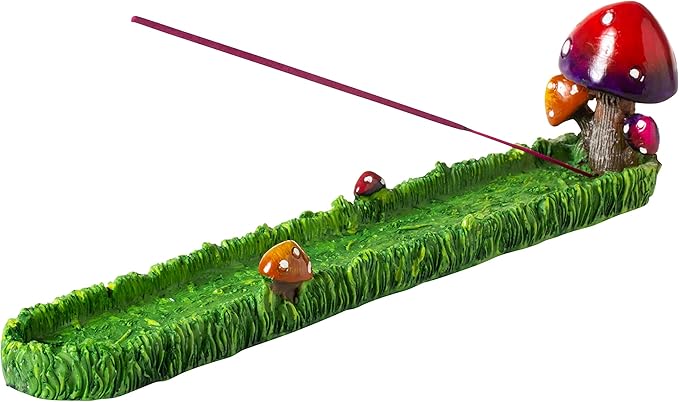 Mushrooms in Green Field Incense Stick Holder Burner with Ash Catcher