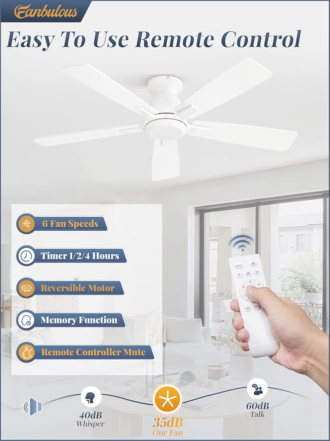 Fanbulous 46 Inch Flush Mount Ceiling Fan No Light with Remote, White | Modern Low Profile Without Light, 6-Speed, Quiet Reversible DC Motor, Indoor/Outdoor Use, for Bedroom, Living Room, Patio