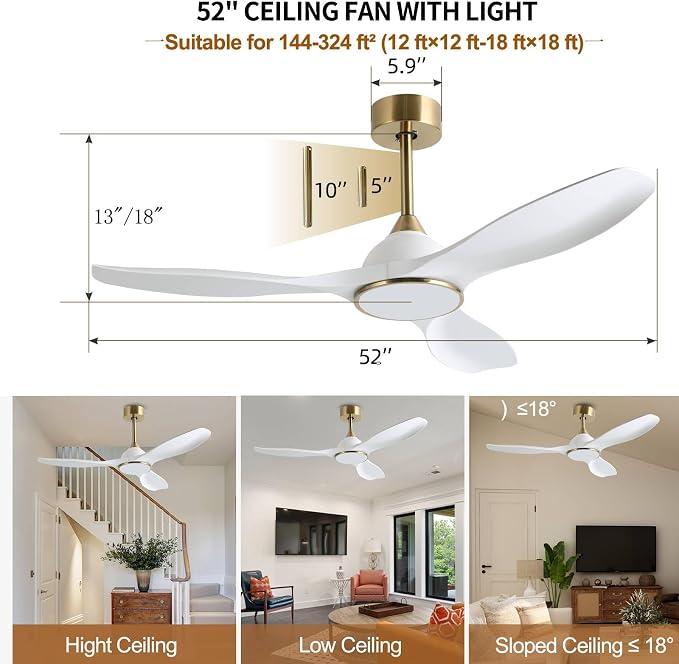 52 Inch High CFM Modern White Gold Ceiling Fan with Lights Remote Control | 6 Speed, Quiet DC Motor, 3 Blade Indoor Bedroom Living Room Ceiling Fan