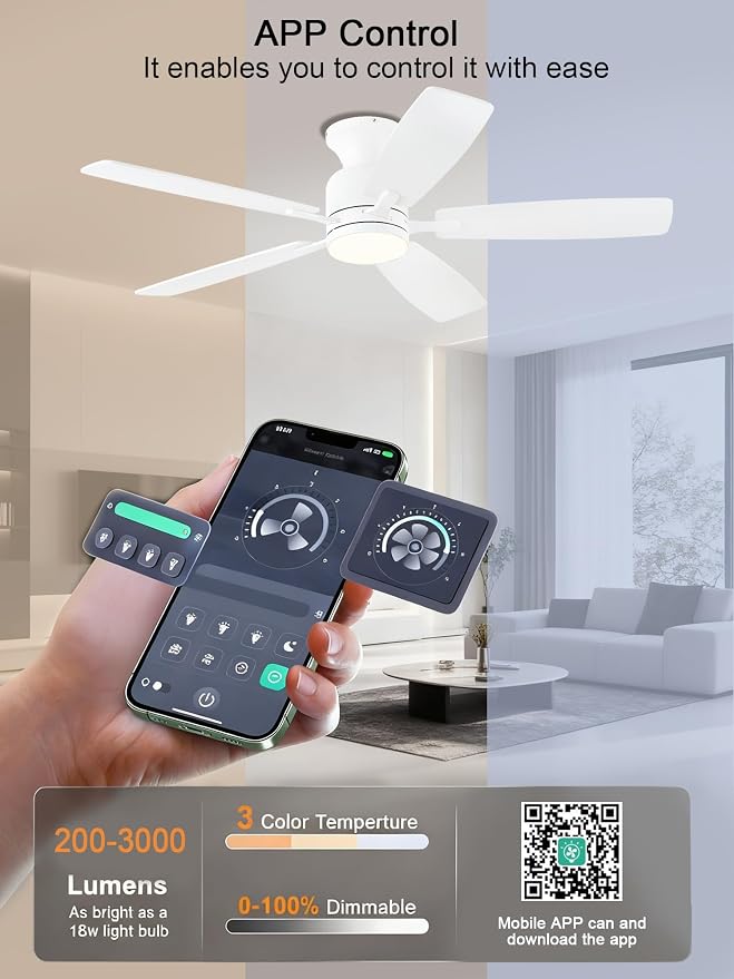 KNUN 52 Inch Flush Mount White Ceiling Fan with Light, Remote Control Ceiling Fan with Light, 6‑Speed Reversible Ceiling Fans with Lights, Quiet DC Motor 3CCT Dimmable Ceiling Fan for Indoor