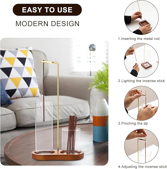 Incense Holder, 3 in 1 for Sticks with Detachable Anti-Ash Flying Incense Burner with Glass Ash Catcher andSticks Organizer Handmade Wooden Tray for Meditation Yoga Room Decor Package