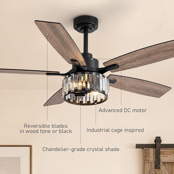 52 inch Crystal Fandelier Ceiling Fan with LED Lights, Chandelier Ceiling Fan with Remote and APP Control, Reversible Ceiling Fan for Indoor, Used in Bedroom, Living Room, Pation