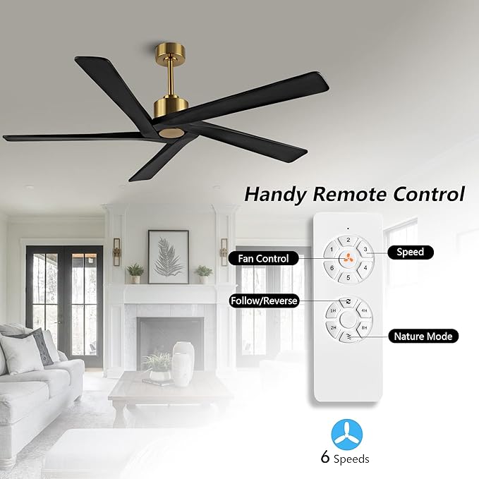 WINGBO 54 Inch DC Ceiling Fan without Lights, 5 Reversible Carved Solid Wood Blades, 6-Speed Noiseless DC Motor, Ceiling Fan No Light with Remote, Brass Finish with Black Blades, ETL Listed
