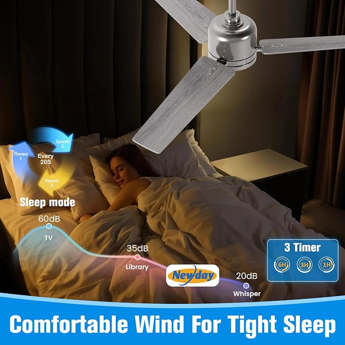Newday 48 Inch Ceiling Fans with Lights Remote, Brushed Nickel Ceiling Fans Dimmable 3 Color Temperature, Timer, 3 Blades, 6 Speed Modern Fan Quiet Reversible DC Motor for Indoor or Covered Outdoor