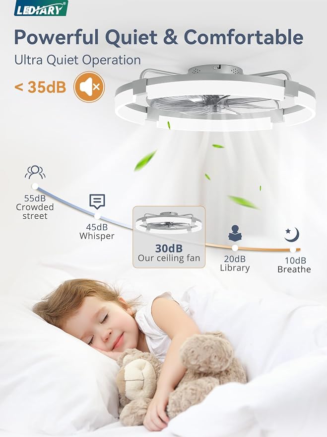 LEDIARY 24" Ceiling Fans with Lights and Remote, Modern Low Profile Ceiling Fan, 3 CCT, Stepless Dimmable, Fandelier Flush Mount Fan Light, 6 Speeds, DC Motor, App & Remote Control for Bedroom(Grey)