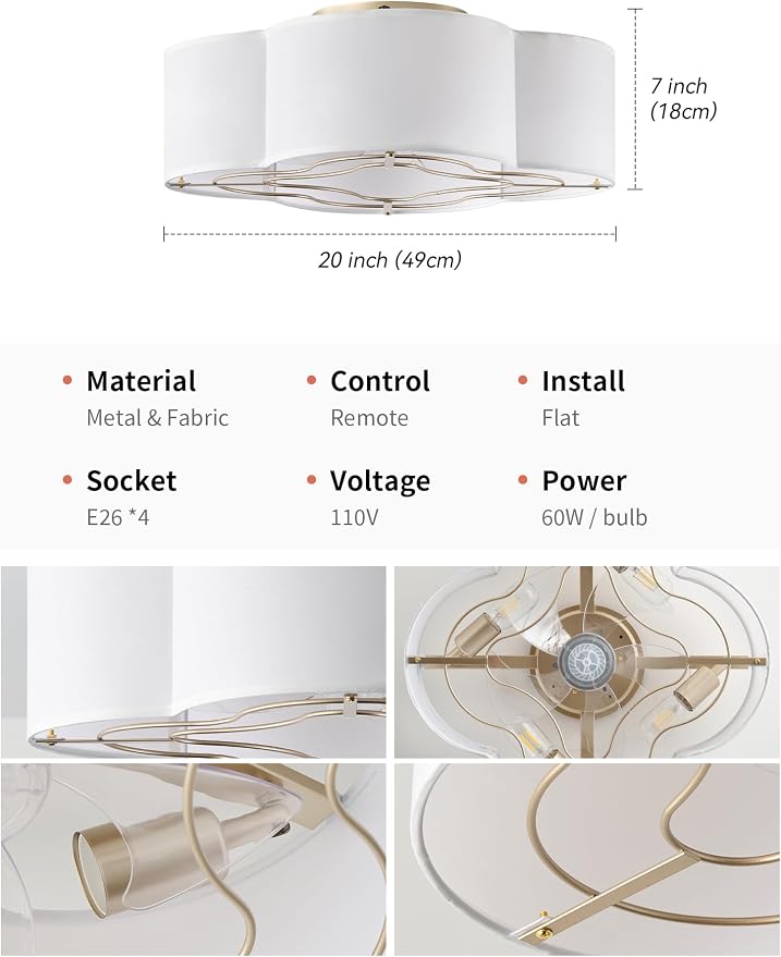 Boho Ceiling Fans with Lights, 20" Low Profile Ceiling Fan with Light Remote Control, Bladeless Flush Mount with 6 Speeds for Bedroom, Nursery, Living Room.