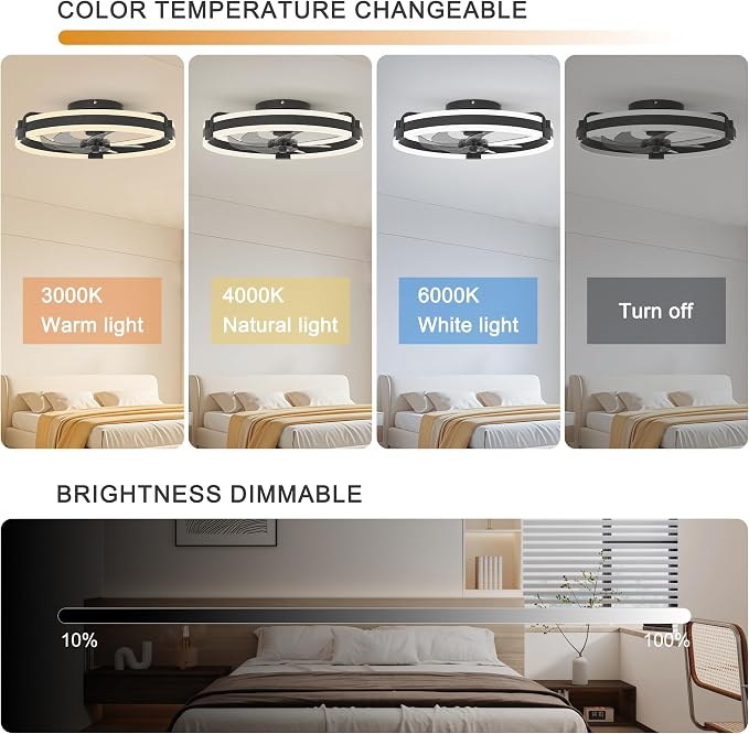 Garwarm 20 Inch Ceiling Fans with Lights and Remote, Modern Low Profile Ceiling Fan,3000K-6000K Dimmable LED Small Fan Light Fandelier for Bedroom,Black
