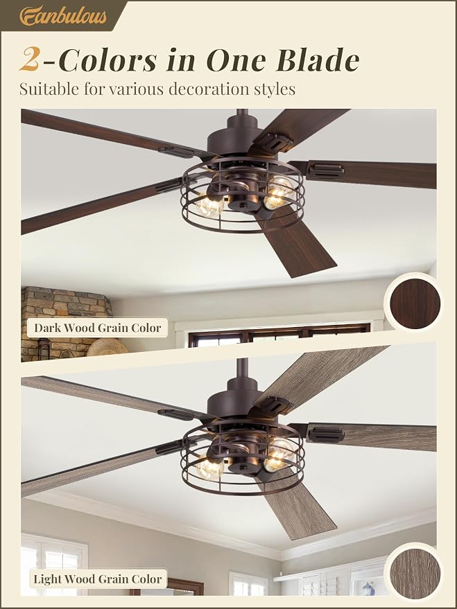 Fanbulous 1 Pack Farmhouse 60 Inch Ceiling Fans with Lights, Industrial Caged Ceiling Fans for Bedroom Living Room, Double-Sided 5 Blades Rustic Ceiling Fan-Oil Bronze