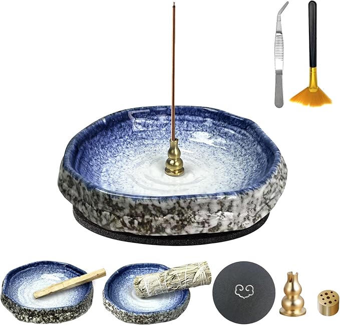 Handmade Ceramic Incense Burner, Ash Catcher for Sticks, 9 Incense Holes Suitable for Most Types, Cones, Palo Santo & Sage, Ideal for Meditation, Incense Smudging, and Home Decor (Blue&White)
