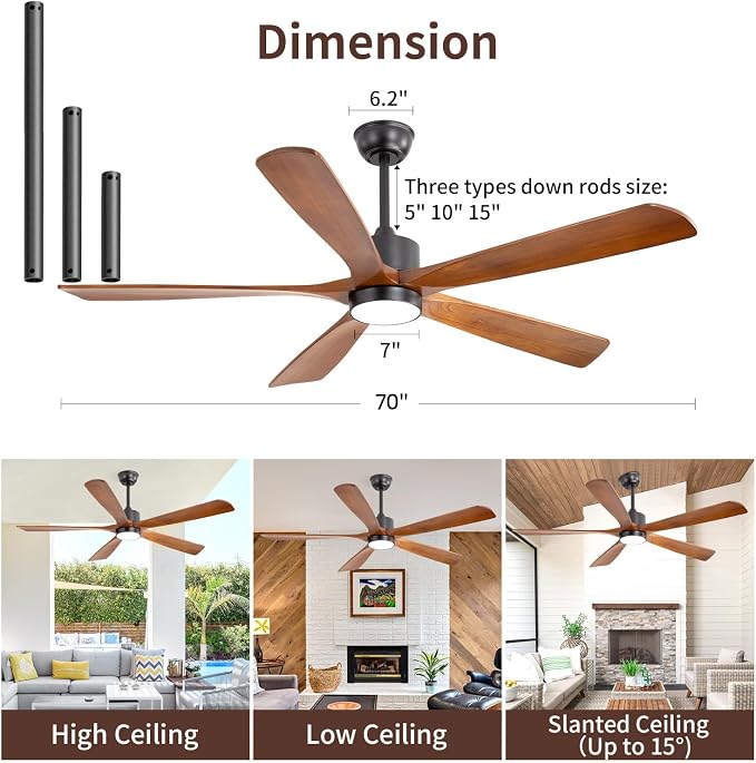 70 Inch DC Ceiling Fan Light 5 Walnut Blades UL Damp Rated | 5 walnut blades, 3000K-6500K dimmable LED, 6-speed reversible remote, UL damp rated for indoor outdoor farmhouse
