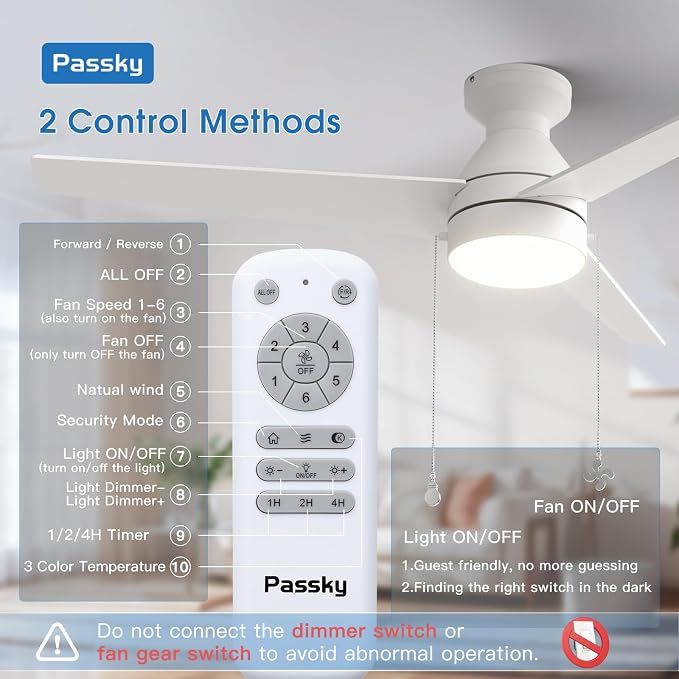 Passky Ceiling Fans with Lights, 52 inch Low Profile Ceiling Fan with Pull Chain and Remote Control, Flush Mount, Reversible, 5CCT, Dimmable, Noiseless, White Pull Cord Ceiling Fan for Bedroom