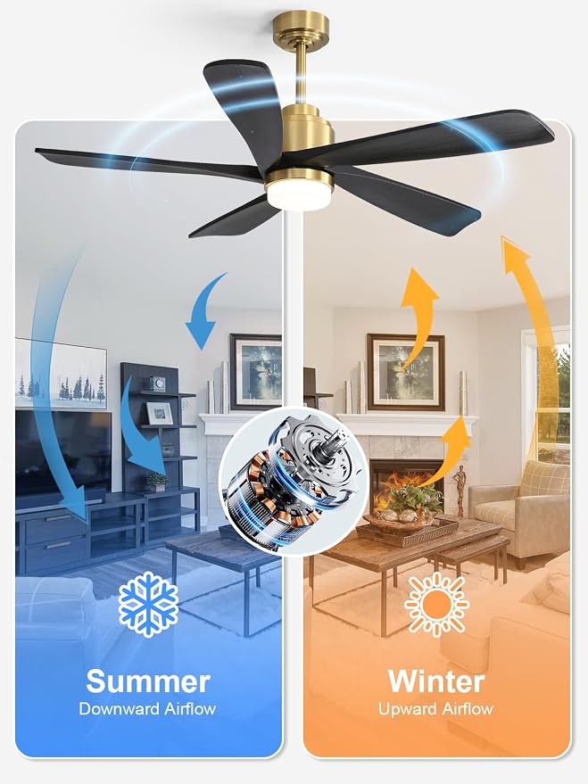Sofucor Ceiling Fan with Lights and Remote, 52 Inch Modern Wood Ceiling Fan for Indoor Farmhouse Bedroom Living Room Outdoor Patio Porch (Gold+Black, 52 inch)