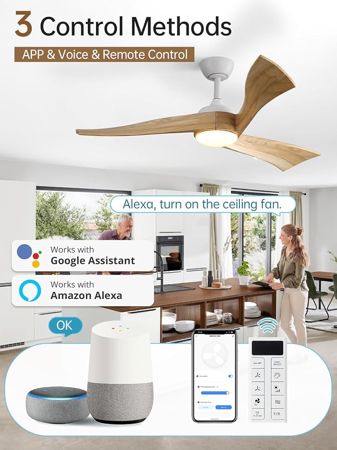 Sofucor 52 Inch Smart Ceiling Fans with Light-Modern Solid Wood Outdoor 3 Blades Ceiling Fan with Light Alexa/Google/APP/Remote Control for Bedroom Living Room Farmhouse, Quiet DC Motor, Natural Wood