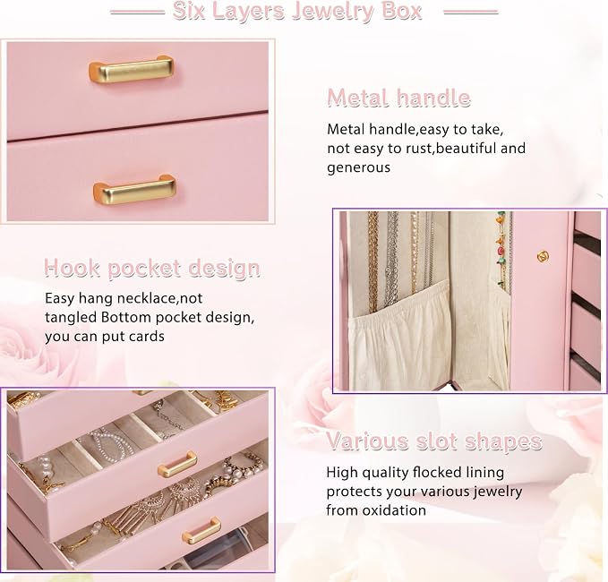 AKOZLIN 6-Tier Jewelry Box Organizer Functional 5 Drawers Leather Jewelry Storage Case for Women Girls Ring Necklace Earring Bracelet Holder Organizer with Mirror Light Pink Regular