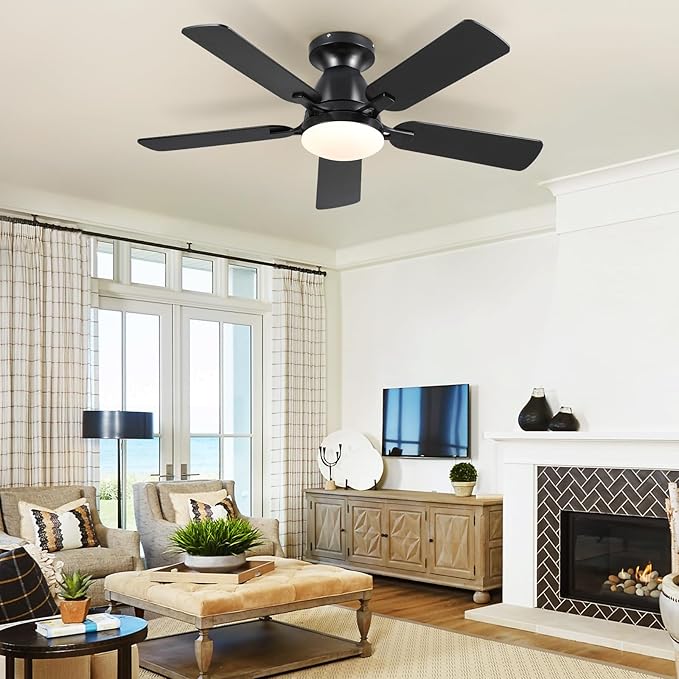 46 Inch Ceiling Fans with Lights and Remote, Flush Mount, Black | Low Profile, Dimmable LED, Reversible, Quiet DC Motor, Wooden Blades, for Modern Apartment Bedroom Home Office Living Room