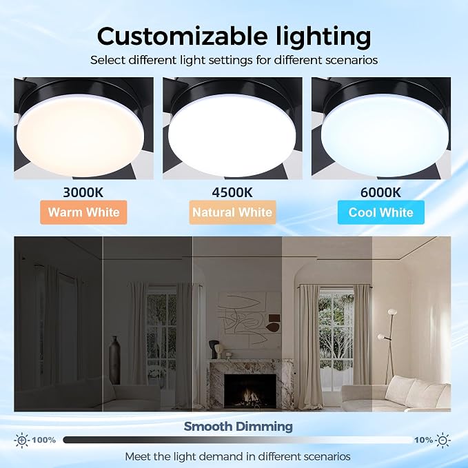 GJeg Ceiling Fans with Lights,46" Low Profile Ceiling Fan with Light and Remote Control,Flush Mount, Reversible, Dimmable, Noiseless, Black Ceiling Fan for Bedroom