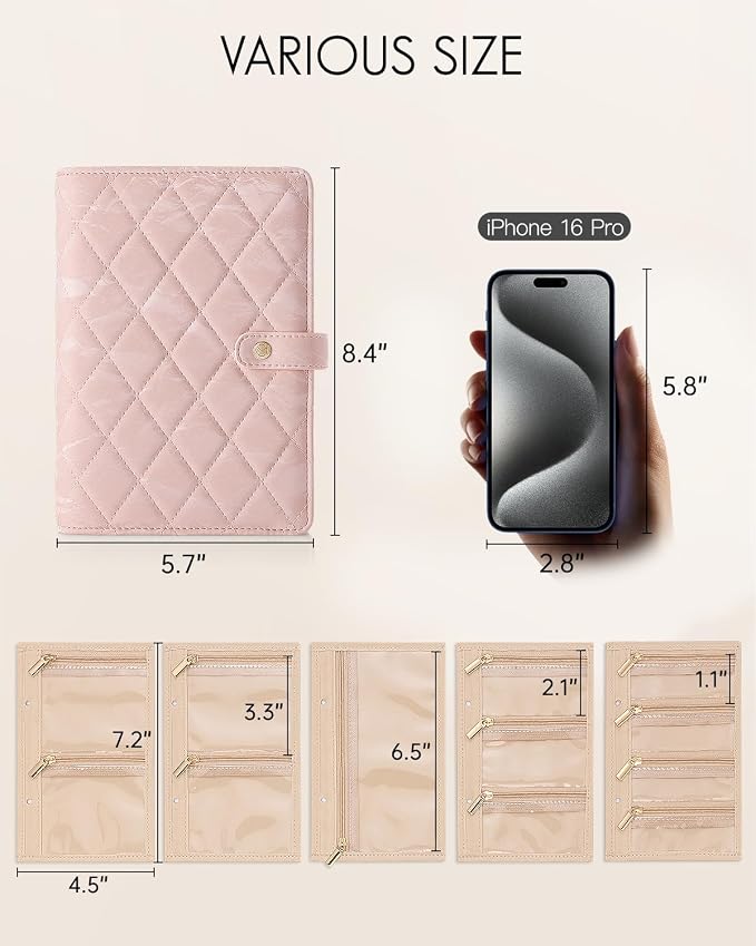 VLANDO Travel Jewelry Organizer Case,Jewelry Storage Book Ring Binder with Clear Zipper Velvet Pouch Bag for Travel Essentials,Rings,Necklace,Earrings,Bracelets,Brooches,Gifts for Women-Sand Pink
