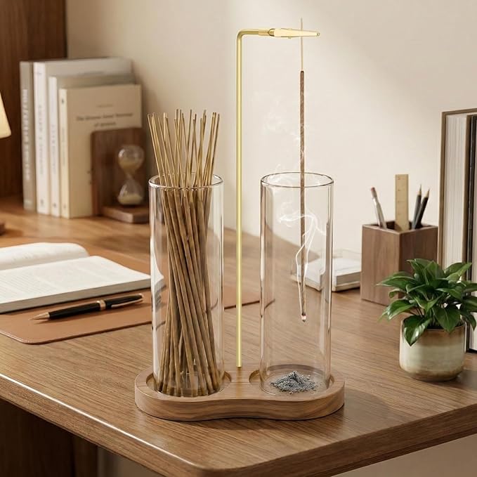Glass Incense Holder, 2 in 1 Incense Burner Holder with Storage, Hanging Upside Down Incense Sticks Holder with Glass Ash Catcher for Meditation Yoga Spa Room Decor