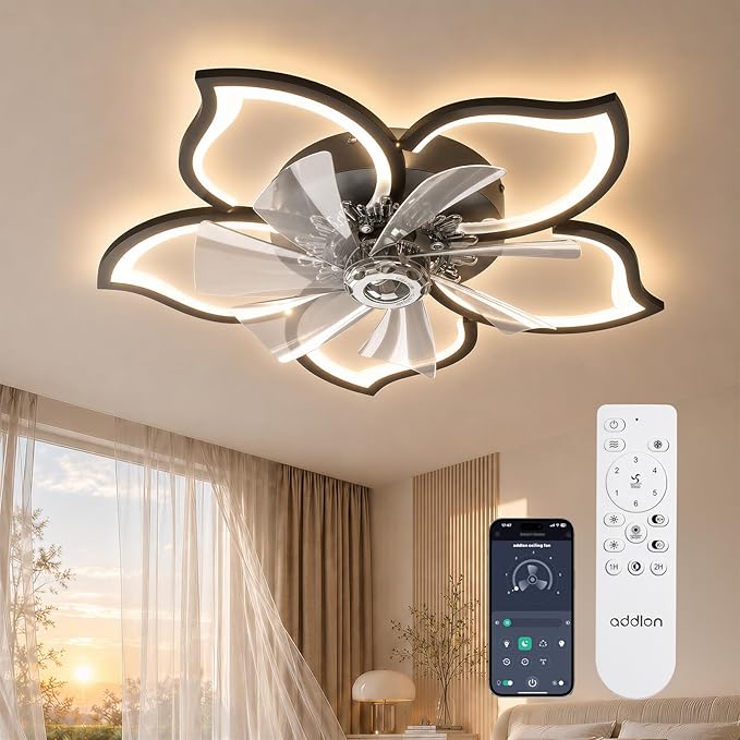 addlon Ceiling Fans with Lights and Remote, 27'' Low Profile Flush Mount Ceiling Fan, 3000–6000K Dimmable LED Fandelier, Flower Fan Light for Bedroom, Kitchen, Living Room, Black
