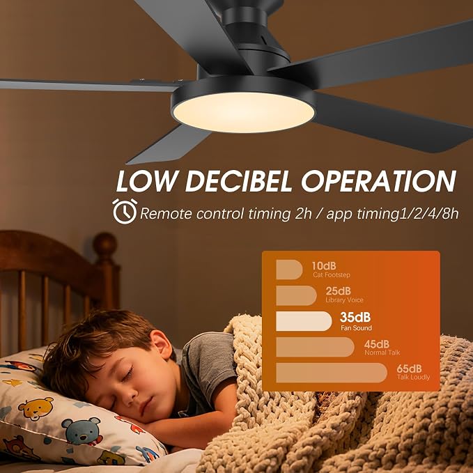 Ceiling Fans with Lights, 52 inch Low Profile Ceiling Fan with Light, Remote/App Control, Flush Mount Black Ceiling Fan for Bedroom, Indoor/Outdoor